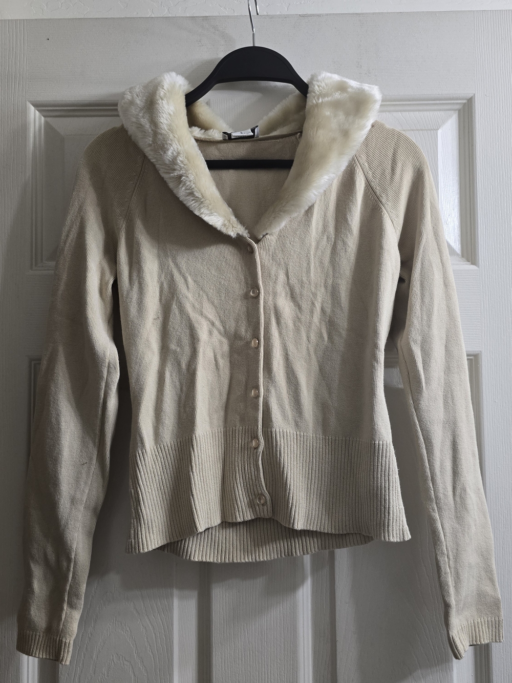 LOFT Cream Hooded Button-Up Cardigan with Faux Fur Trim
